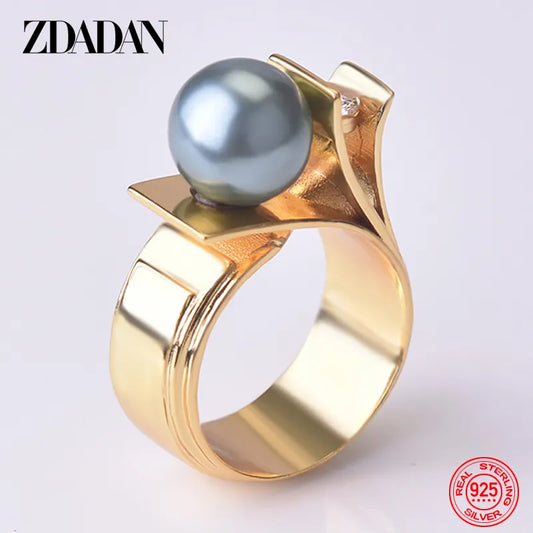 ZDADAN 925 Sterling Silver Pearl Ring For Women 18k Gold Charm Finger Rings Party Jewelry