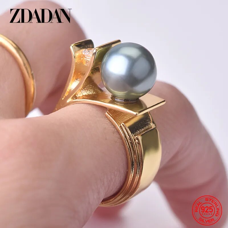 ZDADAN 925 Sterling Silver Pearl Ring For Women 18k Gold Charm Finger Rings Party Jewelry