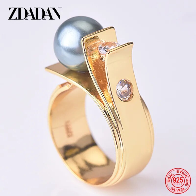 ZDADAN 925 Sterling Silver Pearl Ring For Women 18k Gold Charm Finger Rings Party Jewelry