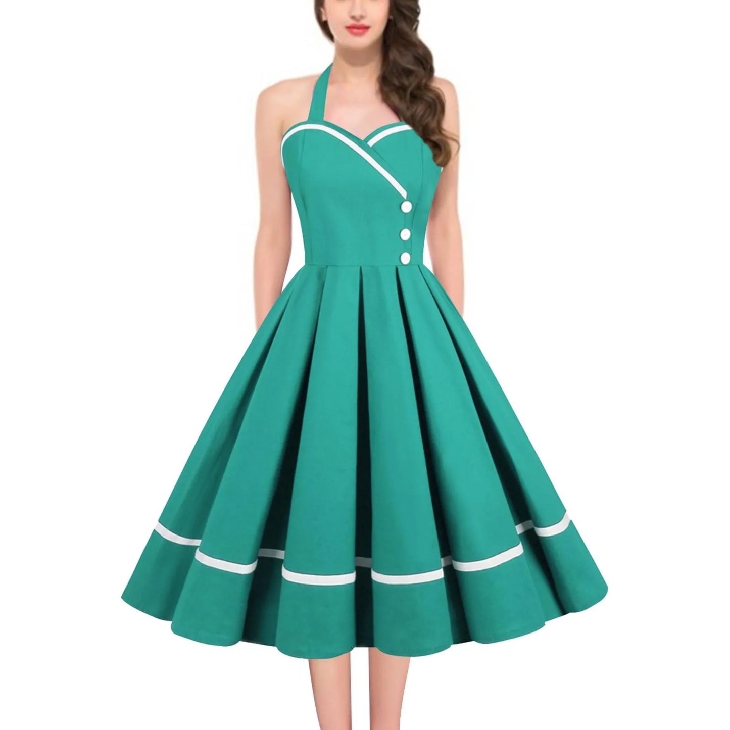 Robe Pin Up Rockabilly Party Dresses 50s 60s Women Button Pleated Strapless Cotton Red Green Pink V Neck Femme Vintage Dress