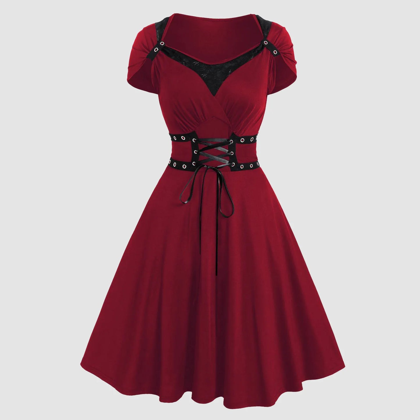 Lace Up Vintage Dresses Gothic Medieval Grommet Lace Panel Red Black Dress Women Short Sleeve Solid High Waisted Mini Vestidos