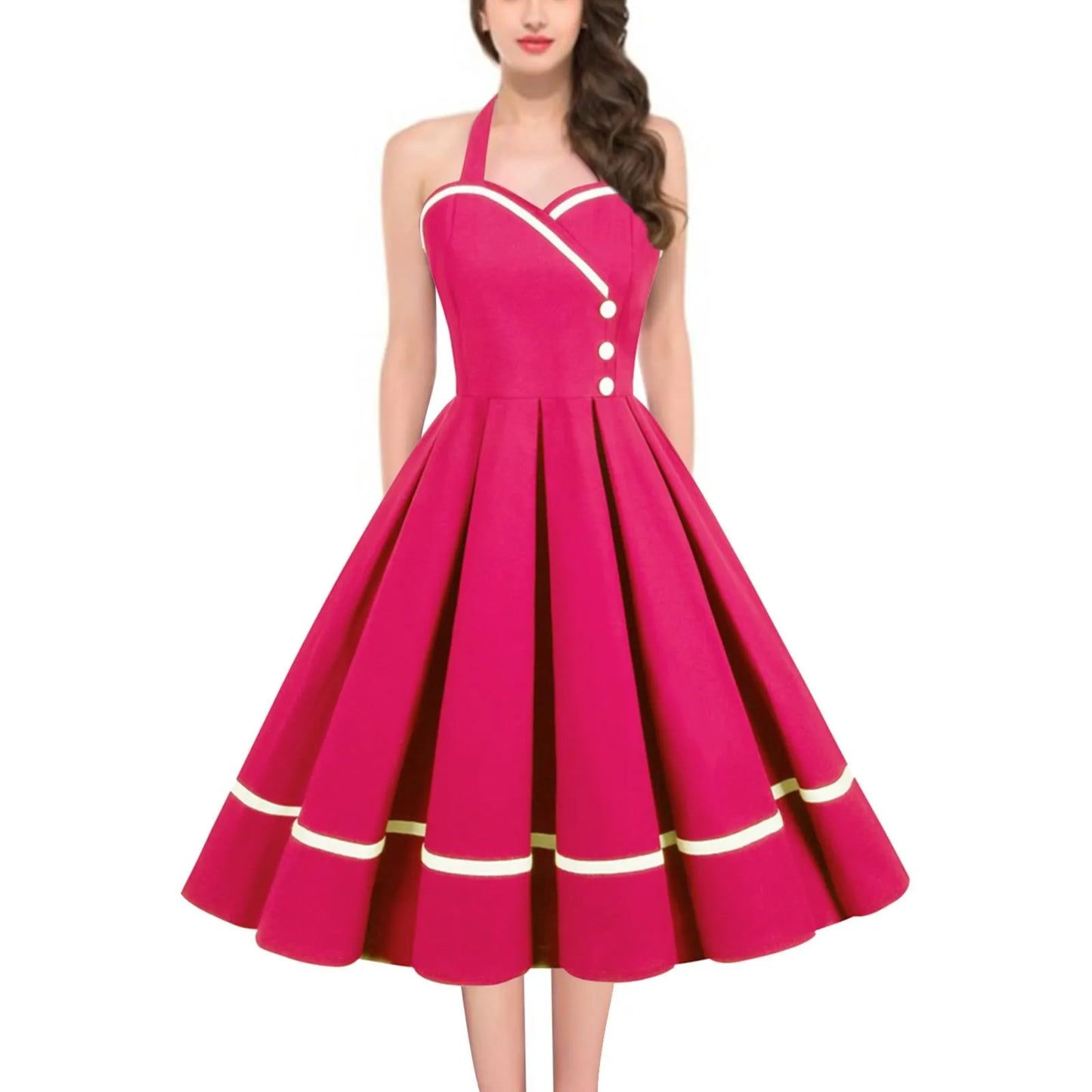 Robe Pin Up Rockabilly Party Dresses 50s 60s Women Button Pleated Strapless Cotton Red Green Pink V Neck Femme Vintage Dress