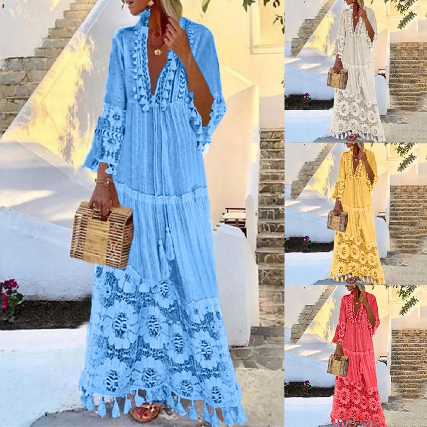 Ladies Bohemian V-Neck Tassel Large Size Casual Dress Women Lace Solid Fashion Dress Elegant Robe Boho Holiday Long Dress