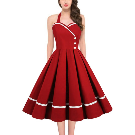 Robe Pin Up Rockabilly Party Dresses 50s 60s Women Button Pleated Strapless Cotton Red Green Pink V Neck Femme Vintage Dress