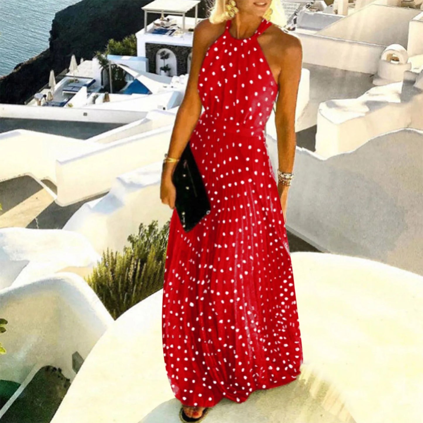 Fashion Halter Polka Dot Print Sleeveless Pleated Dress Women Backless Zipper Holiday Sundresses For Women Casual Summer 2023