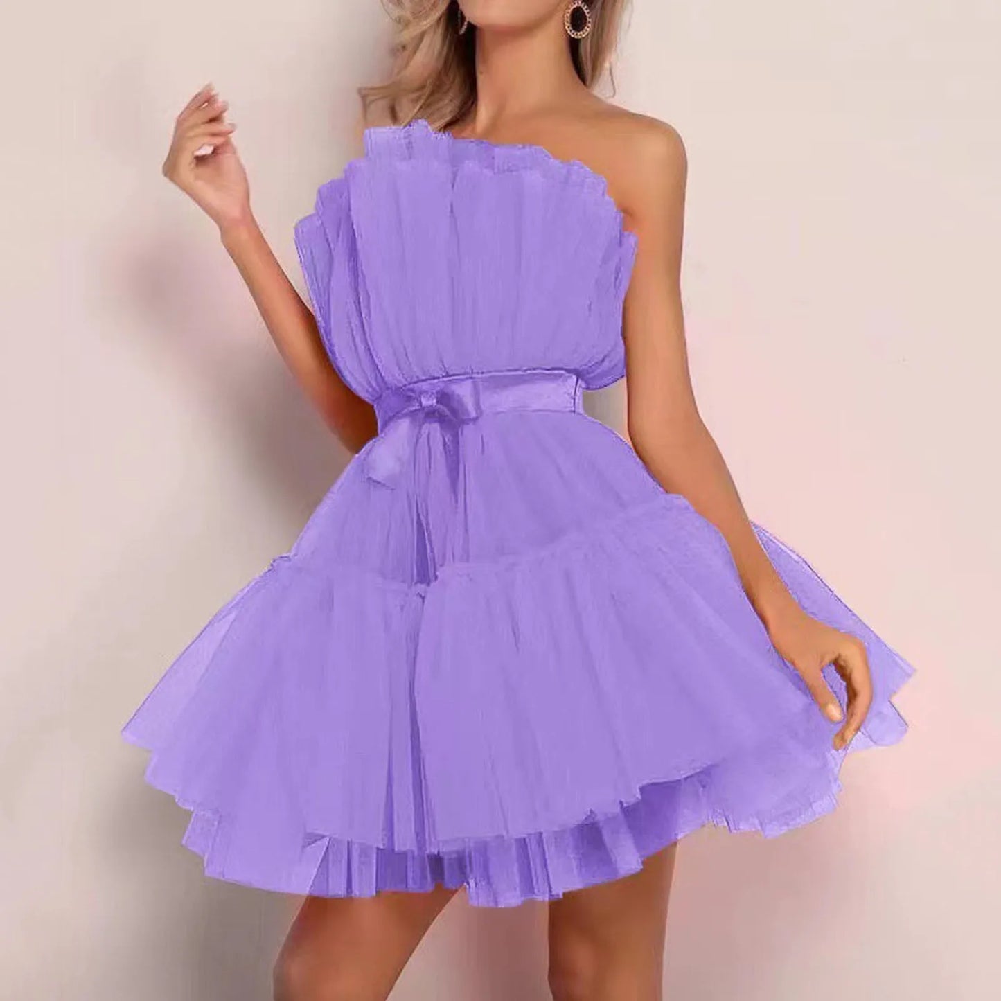 Elegant Mesh Party Dress Women Layered Strapless Ball Gown Off Shoulder Sleeveless Bow-Knot Dress Female Backless Summer Dress