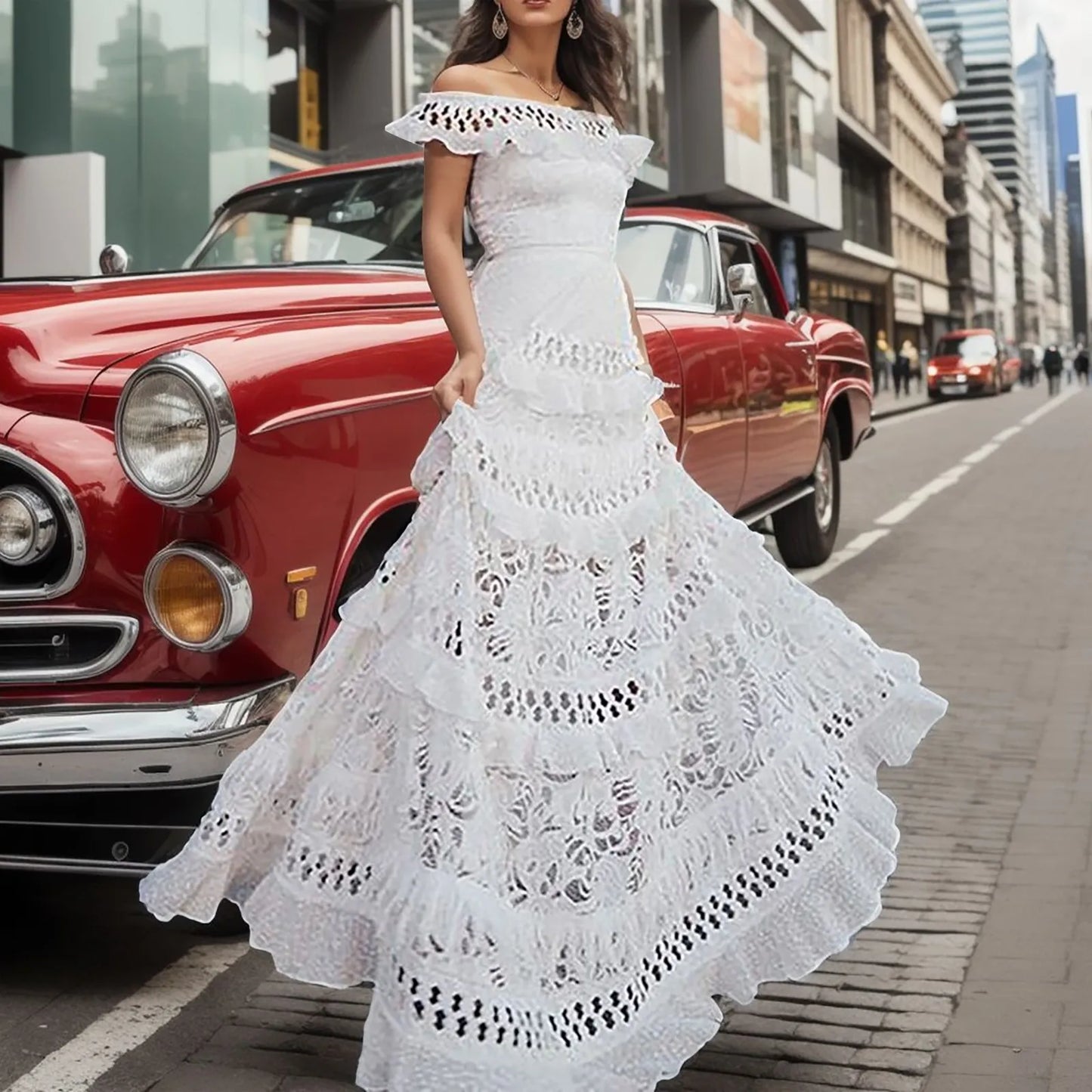 2023 Hollow Out Lace Dress Women Elegant Off Shoulder Wedding Party Dress Formal Gown Women High Waist White Long Maxi Dresses