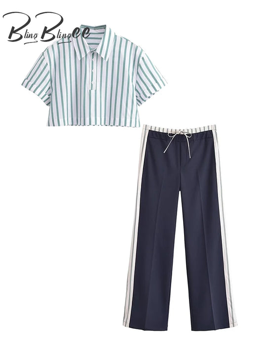 Striped Shirt Wide Pants Sets