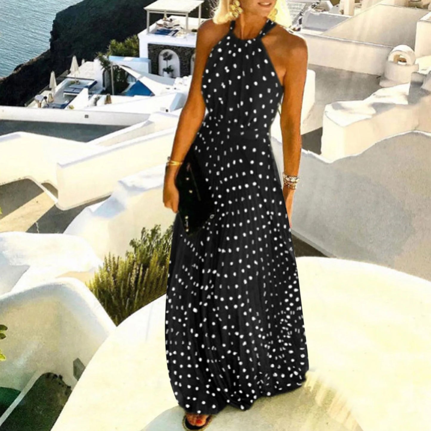 Fashion Halter Polka Dot Print Sleeveless Pleated Dress Women Backless Zipper Holiday Sundresses For Women Casual Summer 2023