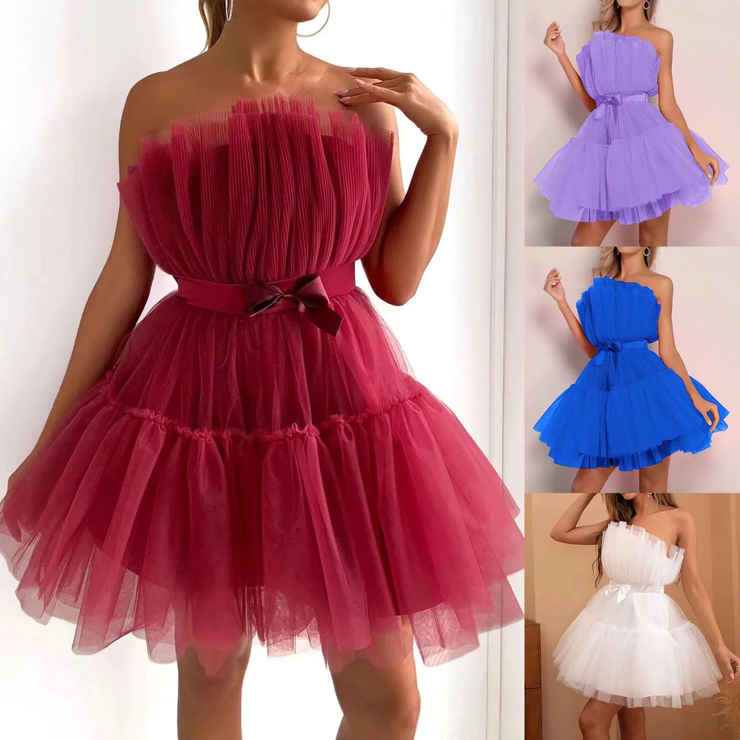 Elegant Mesh Party Dress Women Layered Strapless Ball Gown Off Shoulder Sleeveless Bow-Knot Dress Female Backless Summer Dress