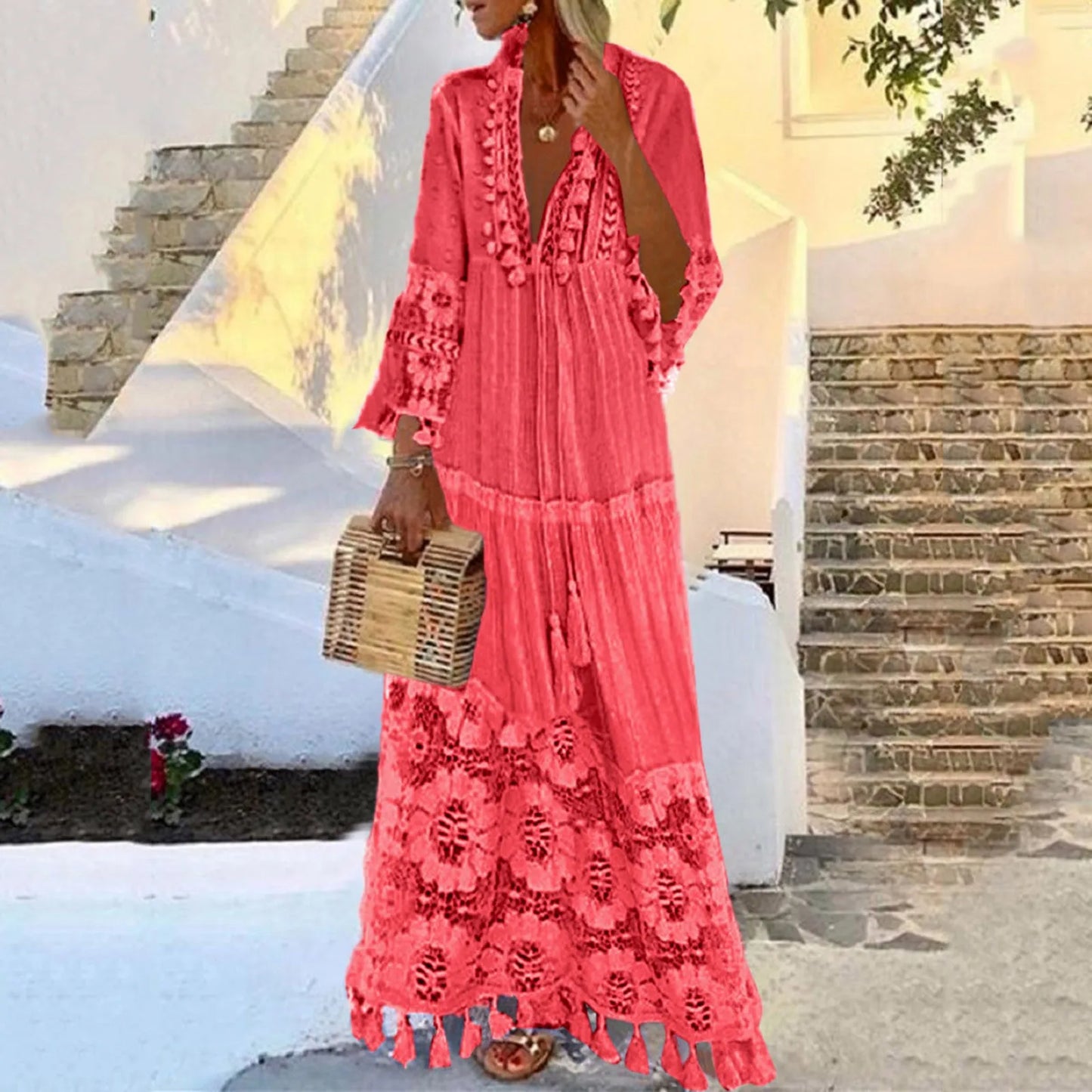 Ladies Bohemian V-Neck Tassel Large Size Casual Dress Women Lace Solid Fashion Dress Elegant Robe Boho Holiday Long Dress